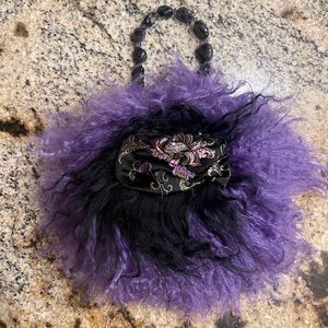 NWT - Custom Made. Genuine Tibetan Lamb with black & purple glass bead handle